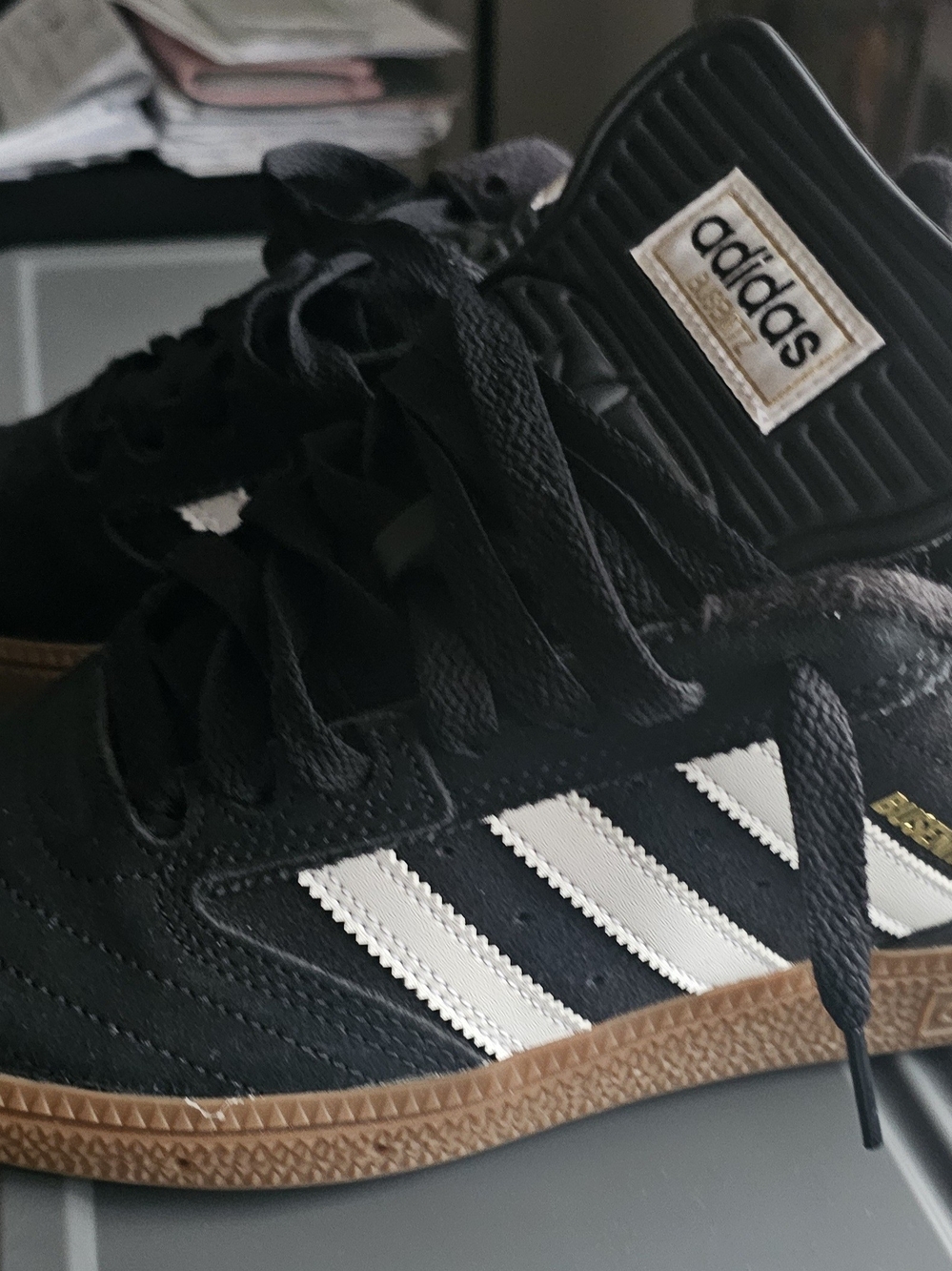 adidas Mens Black Sneakers with White Stripes and Gum Sole